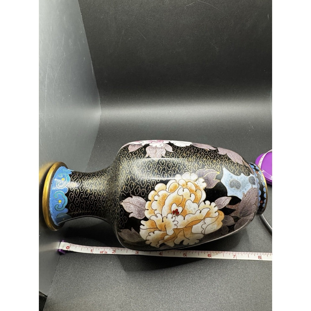 Vintage Brass And Cloisonne Vase China - 8" Flowers Butterfly - Pink & Yellow - Picture 13 of 13